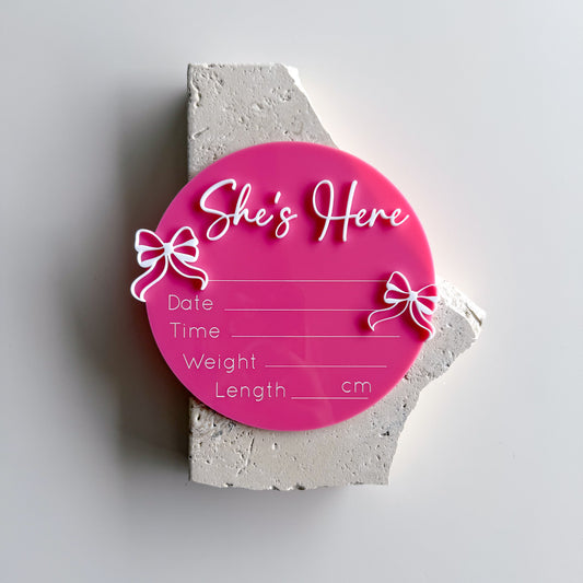 She's Here Bow Birth Announcement & Information