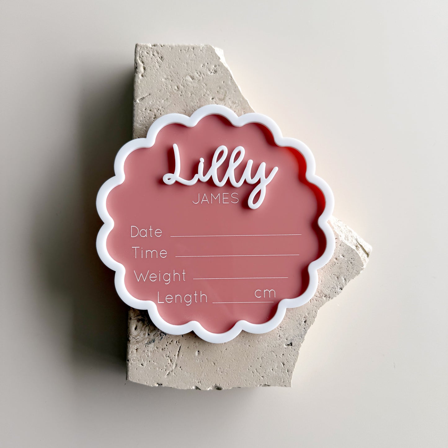 Scalloped Border Acrylic Birth Announcement & Information