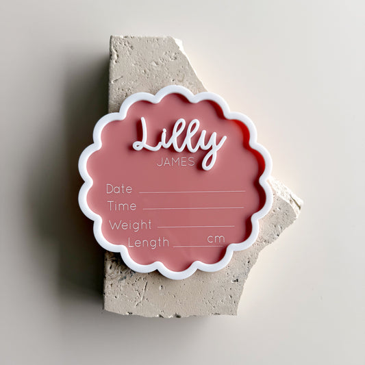 Scalloped Border Acrylic Birth Announcement & Information