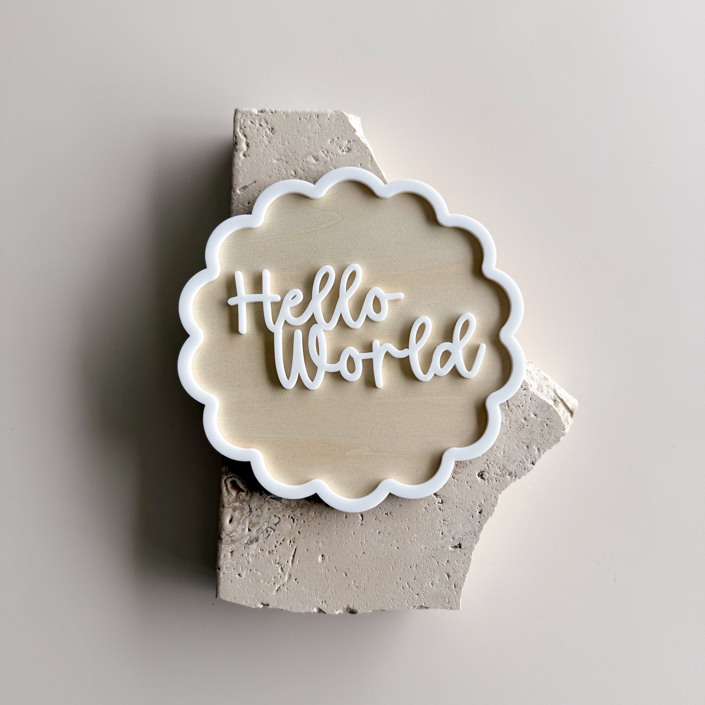 Scalloped Border Plywood Hello World Birth Announcement