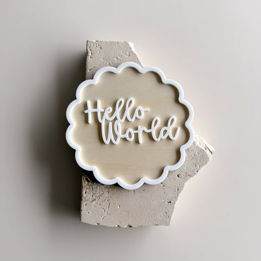 Scalloped Border Plywood Hello World Birth Announcement