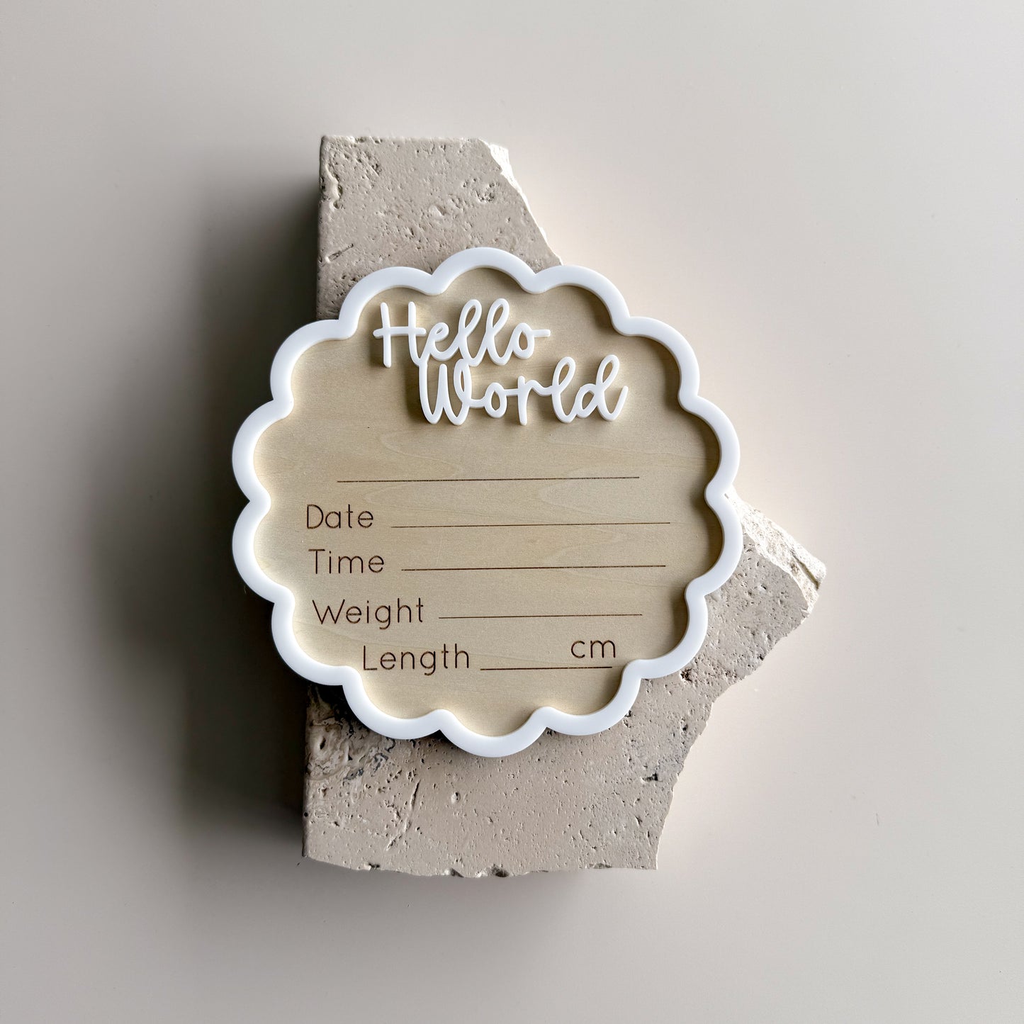 Scalloped Border Plywood Hello World Birth Announcement & Information