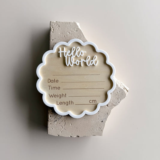 Scalloped Border Plywood Hello World Birth Announcement & Information