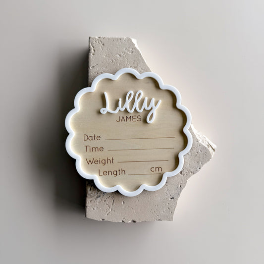 Scalloped Border Plywood Birth Announcement & Information