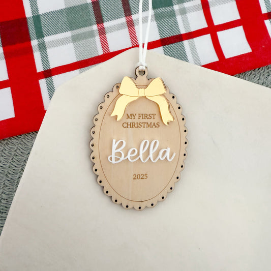 My First Christmas Scalloped Bow Ornament