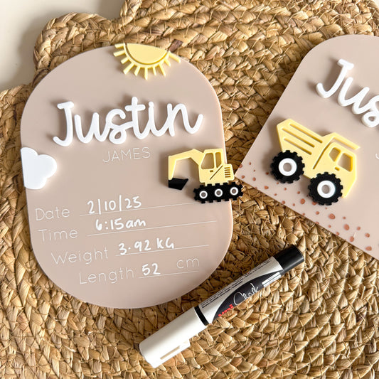 Construction Digger Birth Announcement & Information