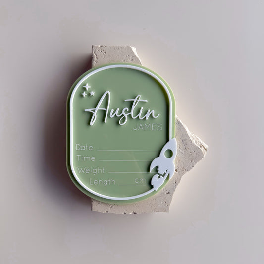 Oval Rocketship Border Birth Announcement & Information