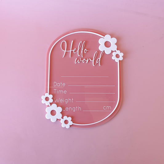 Oval Floral Border 'Hello World' Birth Announcement & Information