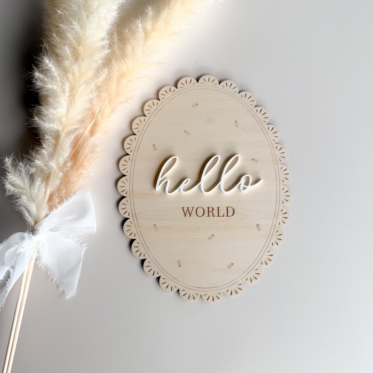 Scalloped Lace Hello World Birth Announcement Plaque