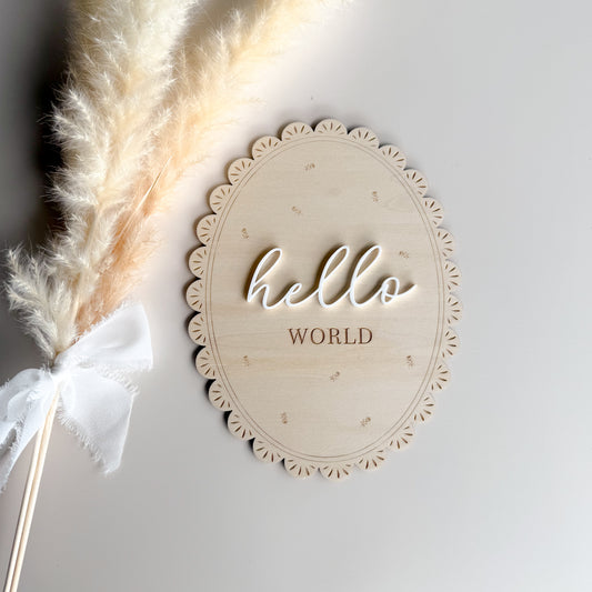 Scalloped Lace Hello World Birth Announcement Plaque