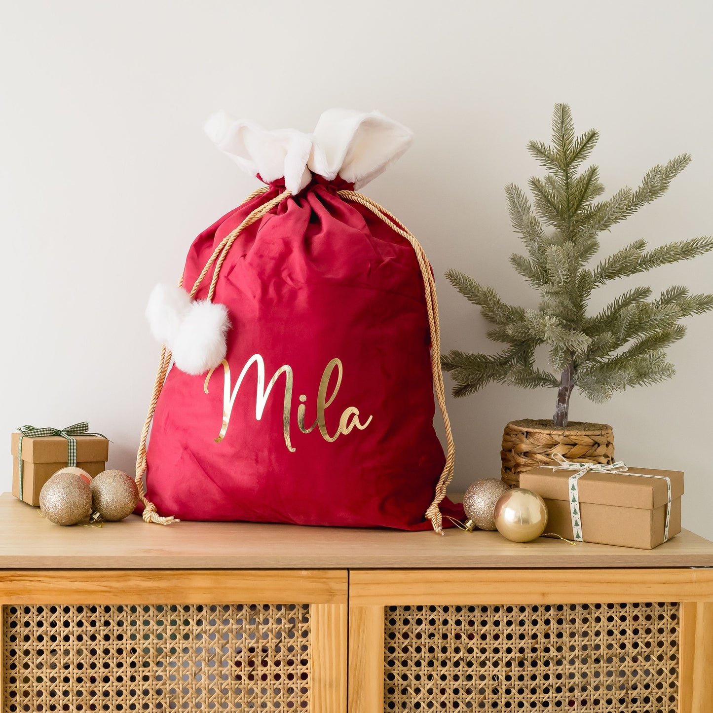 Velvet Plush Pom Pom Santa Sack