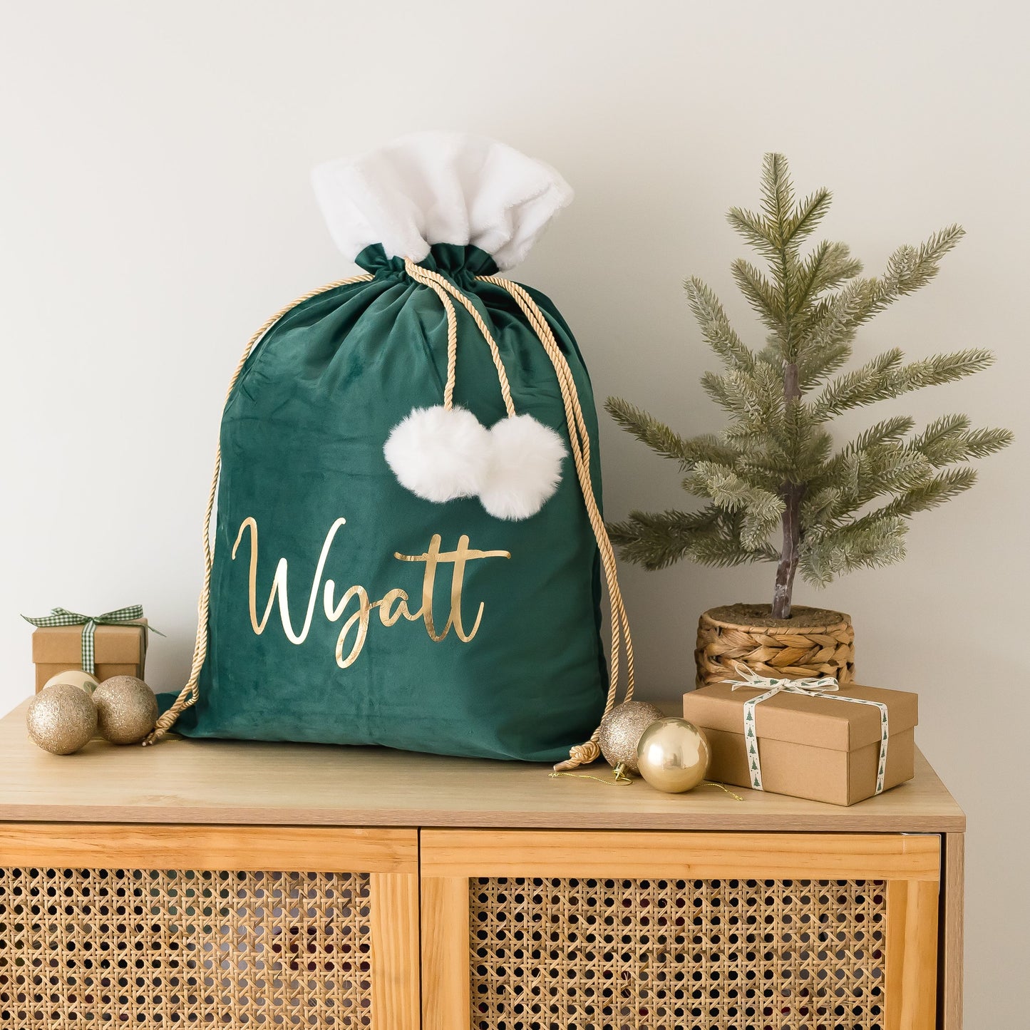 Velvet Plush Pom Pom Santa Sack