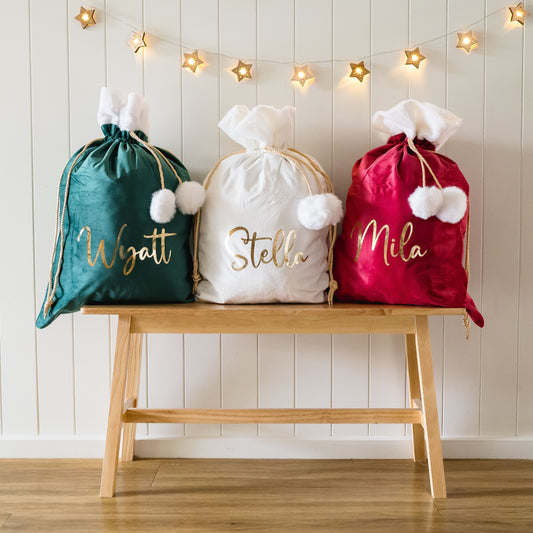 Velvet Plush Pom Pom Santa Sack