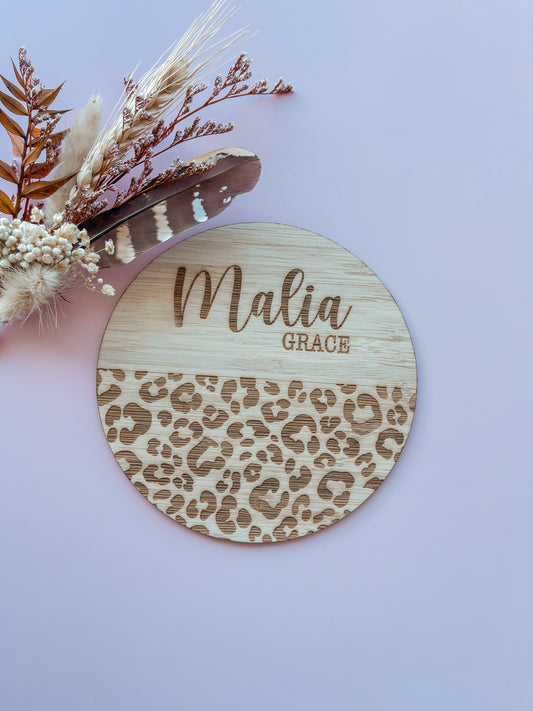 Leopard Birth Announcement Wooden Sign